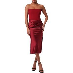 Women’s Lulus Red Strapless Satin Drape Front Midi Dress with Side Slit